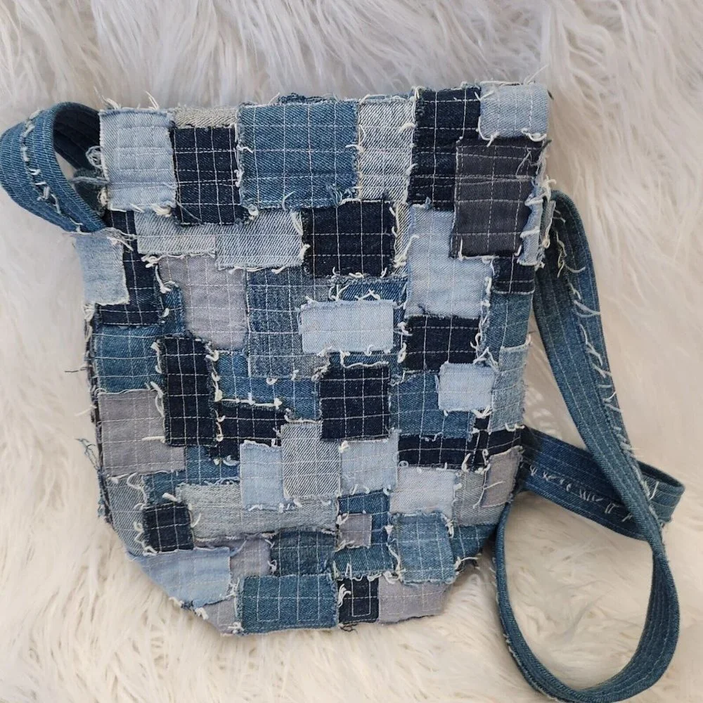 Denim Canvas Patchwork Crossbody Shoulder Bag Y2K Upcycle Bucket Boho Hippie‎ - Picture 8 of 14
